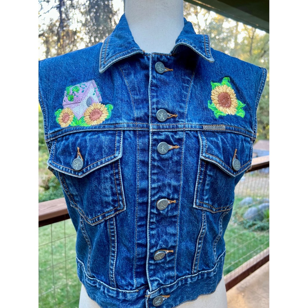 Vintage Union tag Calvin Klein Jeans Sunflower Embroidered Denim Vest USA